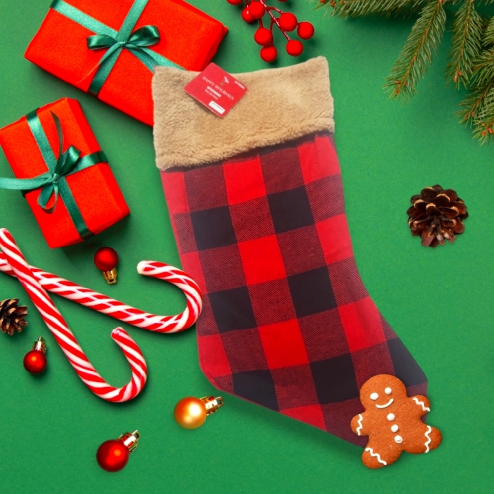 Happy Holidays Black and Red Plaid Sherpa Trim Christmas Stocking NEW